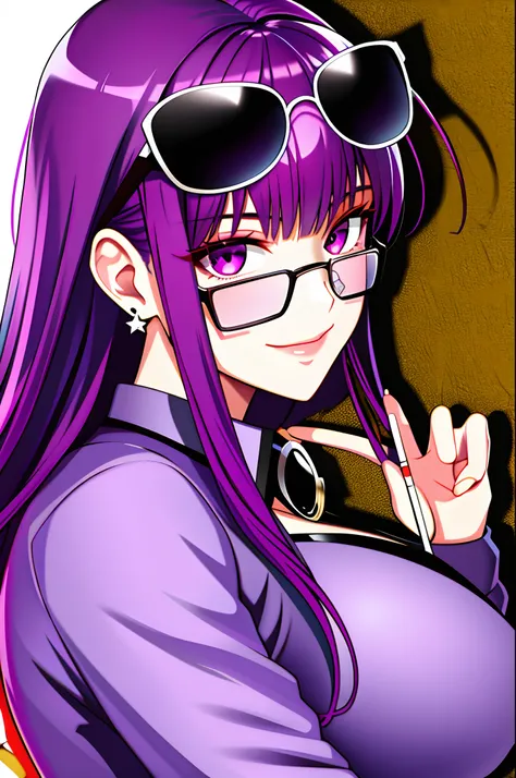 1girl, purple eyes, solo, sunglasses, purple hair, eyewear on head, looking at viewer, smile, earrings, jewelry, looking back, bangs, upper body, closed mouth,star-kafka,huge breasts,shiny,shiny skin,mature female