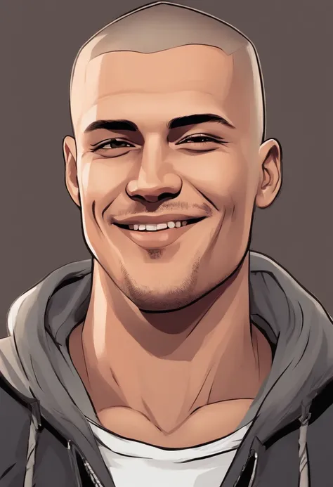 cartoon image of a 115kg male with faded buzz cut haircut wearing a gray hoodie, character portrait, light brown eyes, buzz cut(black:1.5,), smiling, inspired by Johnny Deep with short hair, (black:1.5,dark brown:1.3, gray:1.2),