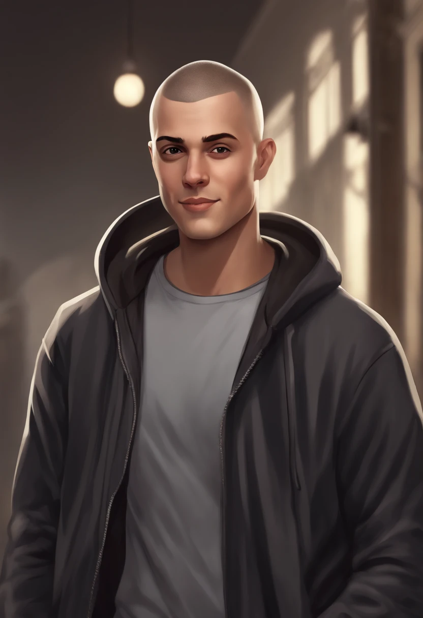 cartoon image of a 115kg male with faded buzz cut haircut wearing a gray hoodie, character portrait, light brown eyes, buzz cut(black:1.5,), smiling, inspired by Johnny Deep with short hair, (black:1.5,dark brown:1.3, gray:1.2),