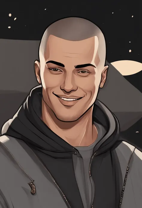 cartoon image of a 115kg male with faded buzz cut haircut wearing a gray hoodie, character portrait, light brown eyes, buzz cut(black:1.5,), smiling, inspired by Johnny Deep with short hair, (black:1.5,dark brown:1.3, gray:1.2),