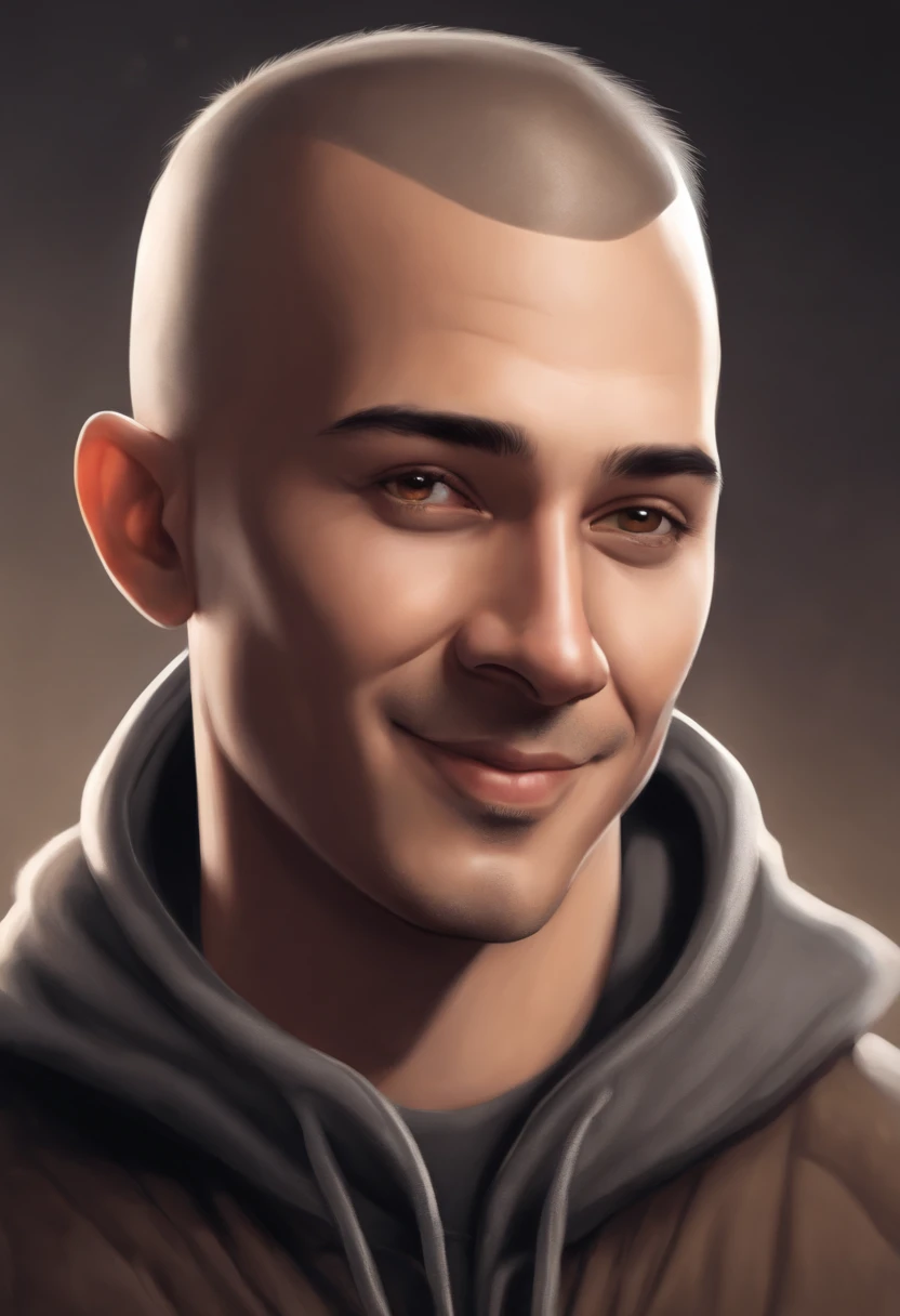 cartoon image of a 115kg male with faded buzz cut haircut wearing a gray hoodie, character portrait, light brown eyes, buzz cut(black:1.5,), smiling, inspired by Johnny Deep with short hair, (black:1.5,dark brown:1.3, gray:1.2),