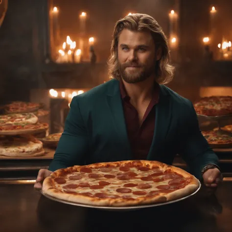 Muy gordo Thor come pizza grande, Detalles altos, ultra foto realsisim, realista, 8k