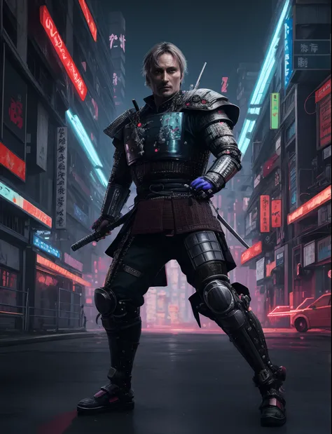 ((Mads Mikkelsen)), Image of a man in armor standing on a city street, samurai cyberpunk, Retrato de um samurai cyberpunk, samurai cyberpunk muito bonito, gladiador cyberpunk, cavaleiro cyberpunk, samurai urbano, arte cyberpunk ultrarrealista 8k, arte de f...