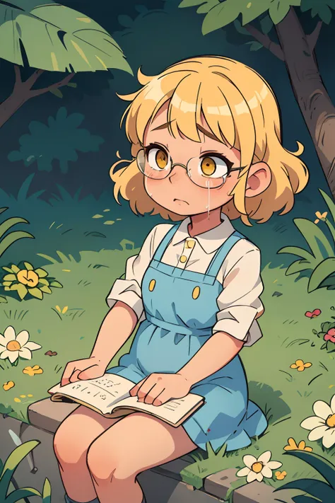 a girl with blonde hair, curly bangs, Yellow eyes, eyeglasses, white  shirt, blue sundress, Sitting on the grass, The girl is crying