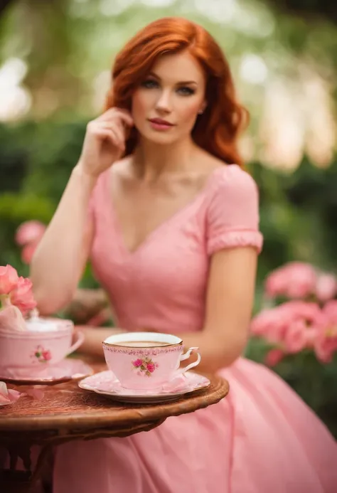 I want an image with a pink environment in the background, imitating a Barbie world, sitting having a cup of tea, on the table a piece of cake of a red-haired woman with medium hair, green eyes, freckles on her face, 24 years old, dressed in a pink outfit