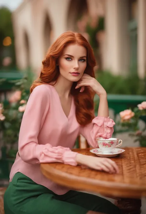 I want an image with a pink environment in the background, imitating a Barbie world, sitting having a cup of tea, on the table a piece of cake of a red-haired woman with medium hair, green eyes, freckles on her face, 24 years old, dressed in a pink outfit