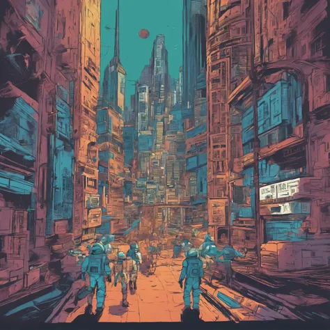 midshot, (cel-shading style:1.3), group of an astronauts walking into the spaceship landad in the street of a big city,  centered image, ultra detailed illustration of a highest metropolis, (tetradic colors), inkpunk, (ink lines:1.1), strong outlines, art ...