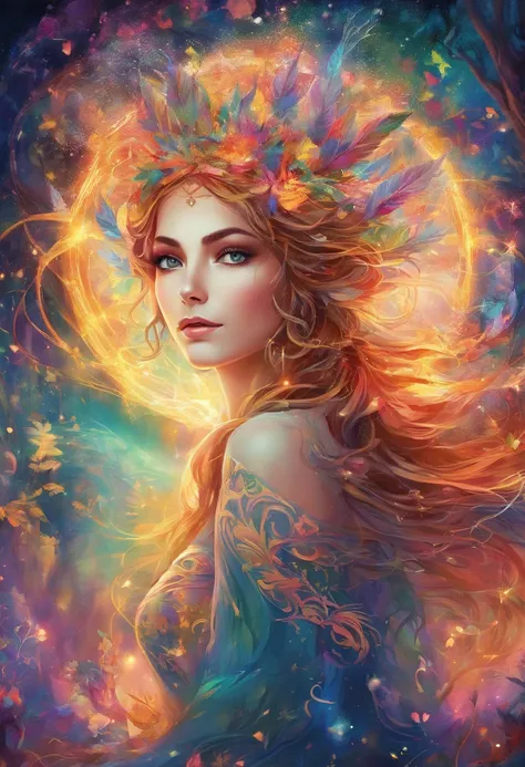 Elven girl casting a mysterious glowing spell、forest fae、 Fantasy Rainbow Forest, Vibrant colors, Ethereal lighting, Detailed leaves, Magical atmosphere, Mesmerizing views, dreamy ambiance, Sparkling brilliance, flowing robe, Little magic, Ethereal creatur...