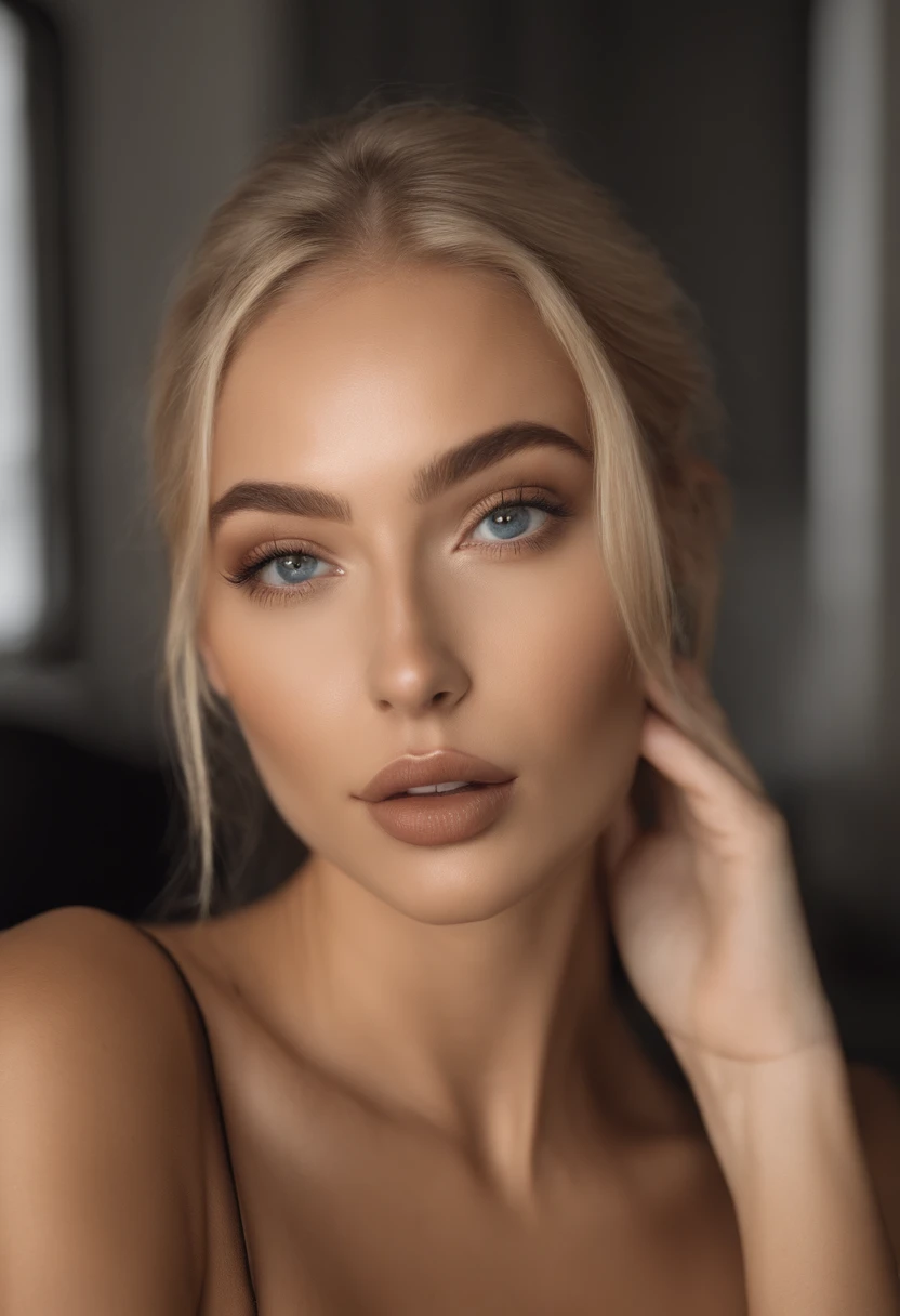 femme blonde avec taillieur noire aux yeux bleus, Portrait Sophie Mudd, Portrait de Corinna Kopf, cheveux blonds et grands yeux, selfie of a young woman, ohne Maquillage, maquillage naturel, Look directly into the camera, Visage avec Artgram, dezentes Maqu...