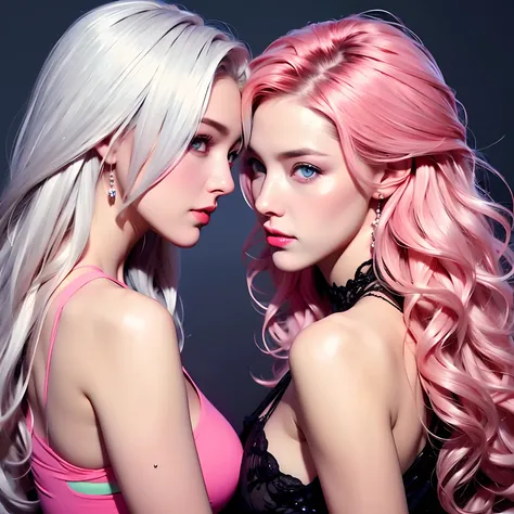 two women, long curly hair, pink hair, blue eyes) (“Woman, white hair, straight”)