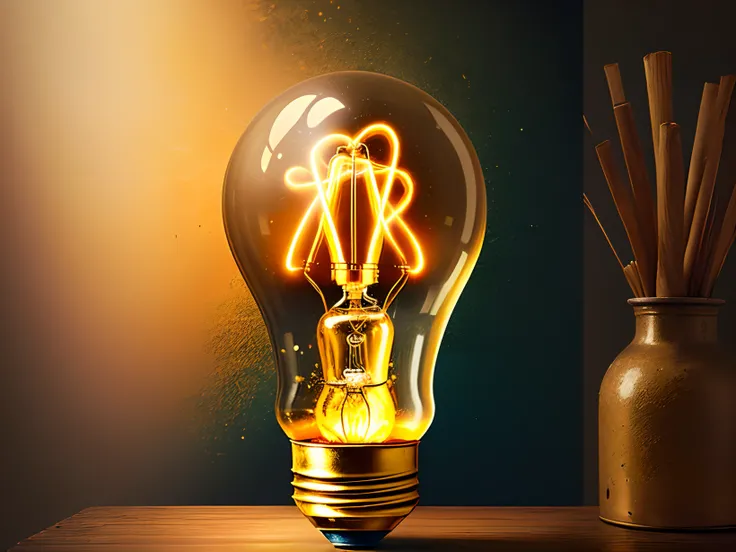 A vintage lightbulb, crackling with electricity and emitting a warm, golden light, captured in a unique and artistic style.