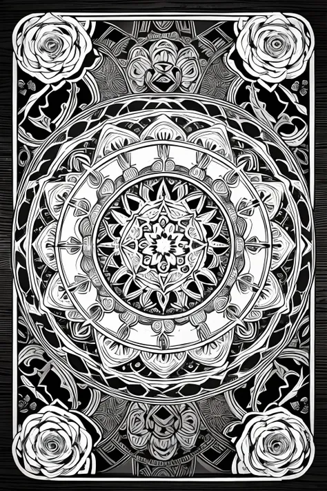 Adult Coloring pages, mandalas, clean line drawings, No background,Expressed only with black line art,More white,One Flower,Tarot card style,Surrounding roses