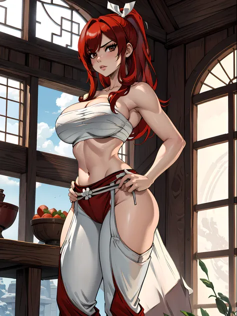 Masterpiece, Best Quality, hight resolution, fairytale, 1girl, hairlong, red hair, pony tail, white ribbon, hair above one eye, Brown eyes, large breasts, 鎖骨, Huge-breasts, Sarashis chest, bandage, bare arms, midriff, Red Hakama, wide thighs, big butt, red...