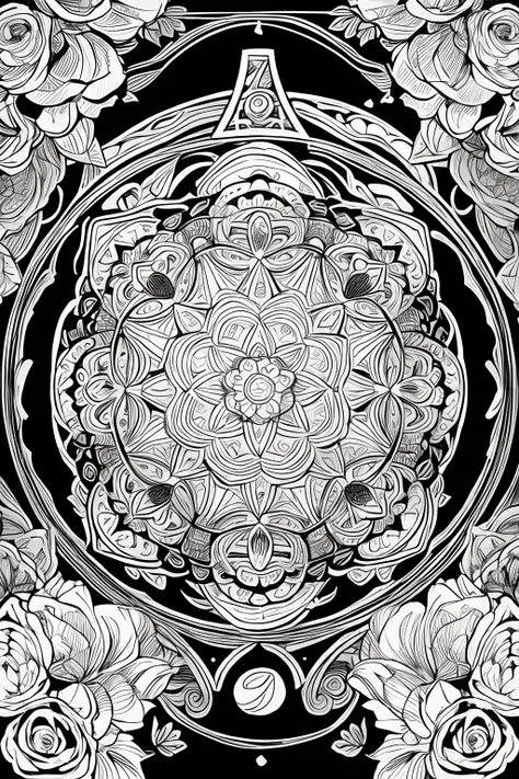 Adult coloring pages, mandalas, clean line drawings, No background,Expressed only with black line art,More white,One Flower,Tarot card style,Surrounding roses