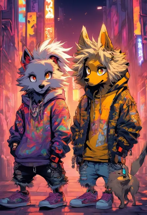 Two cool and trendy dogs talking to each other, White hair, Yellow eyes, Wear trendy hip-hop clothes, Wearing a hoodie, Graphic T-shirt and ripped jeans, Lots of tattoos and piercings, Doodle style background, Highly detailed background, perfect masterpiec...