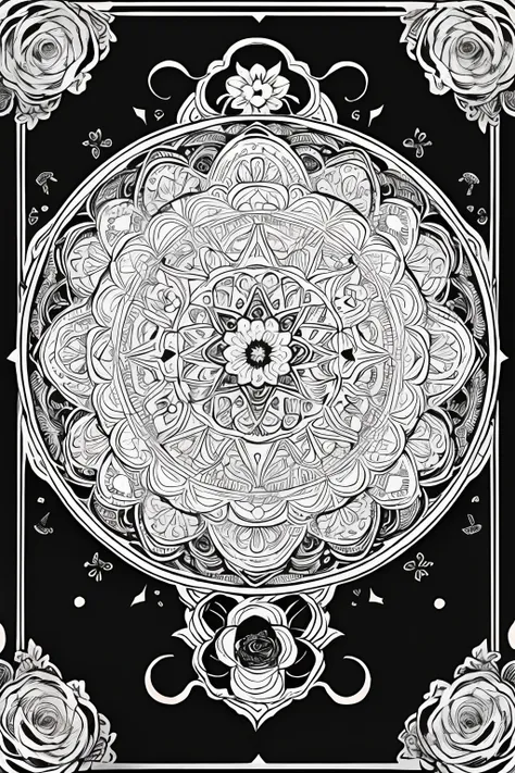 Adult coloring pages, mandalas, clean line drawings, No background,Expressed only with black line art,More white,One Flower,Tarot card style,Surrounding roses