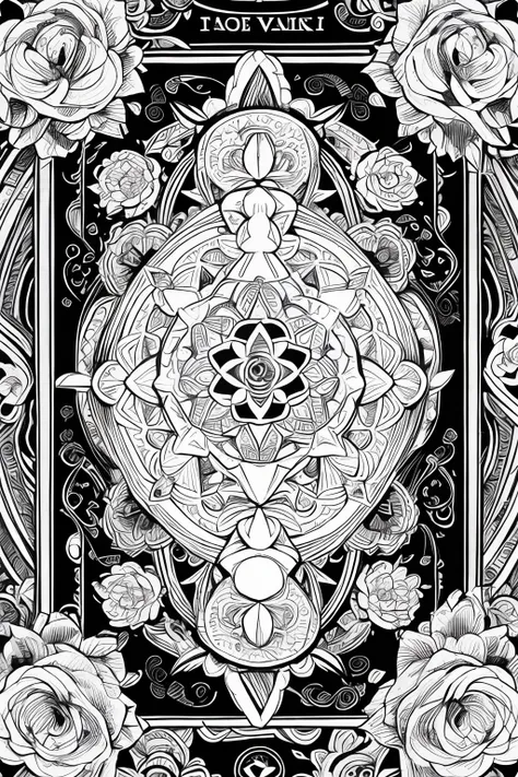 colouring page for adult, mandala, clean line art, no background,Expressed only in black line drawings,More white,one flower,tarot card-style,Roses around the perimeter