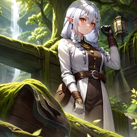 (a girl with) white hair, (beautiful) yellow eyes, (pointy) elf ears, (slightly) freckled face, (thin) delicate eyebrows, (wearing) a green adventurers cloak, (carrying) a leather satchel, (sporting) a silver pendant, (sitting) on a moss-covered rock, (sur...