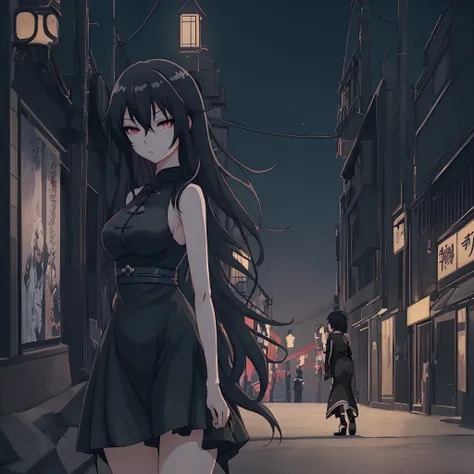 anime girl in a black dress walking down a street at night, an album cover by Yang J, pixiv, shin hanga, seductive anime girl, anime style 4 k, anime moe artstyle, badass anime 8 k, anime girl wearing a black dress, high detailed official artwork, official...