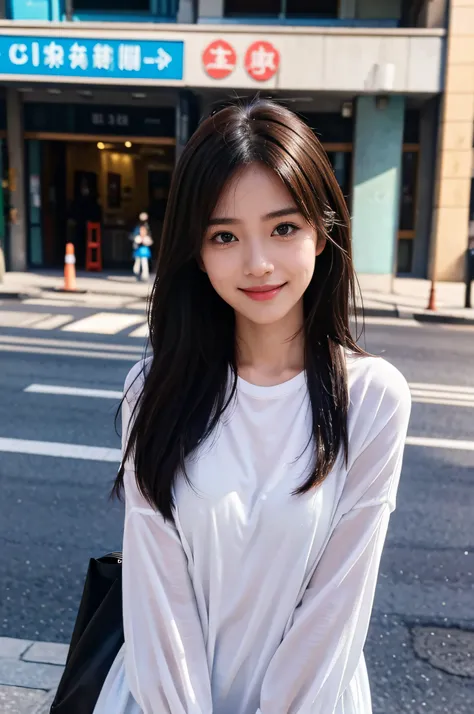 1girl in, Cute, 年轻, skinny, a smile、(3N1DS1NCL41R:0.9), photos realistic, Extreme Detail, street pic, {Best Quality}, {{masutepiece}}, {hight resolution}