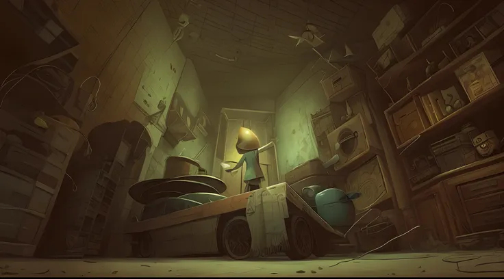 There is a cartoon character standing in a room, Petits cauchemars, Six de Little Nightmares, Game Key Illustration, Image from an animated horror movie, key art, Art du jeu, Digital art of video games, Pochette du jeu, Horror game graphics, Horror video g...