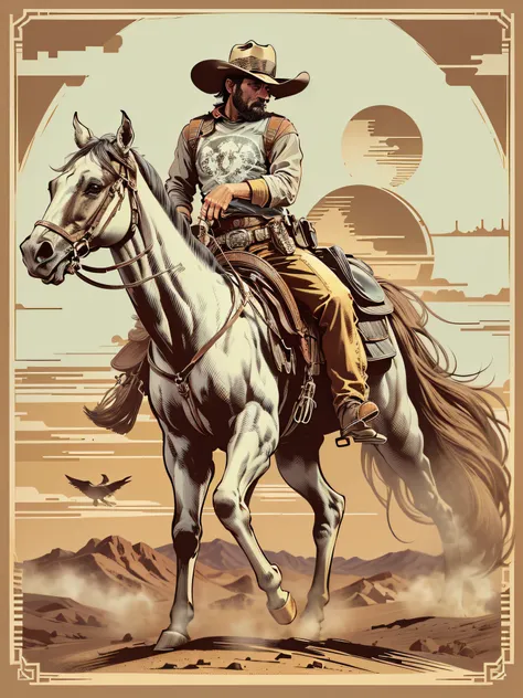 High quality design vector style image, t-shirt print style, graphic art of cowboy on top of a horse white background realistic colors, american old west scene in desert texas, vector image.