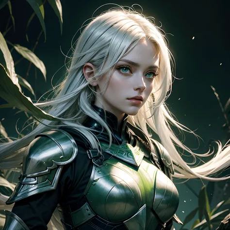 a woman, white hair, long hair, green eyes, wearing armor, green and black armor