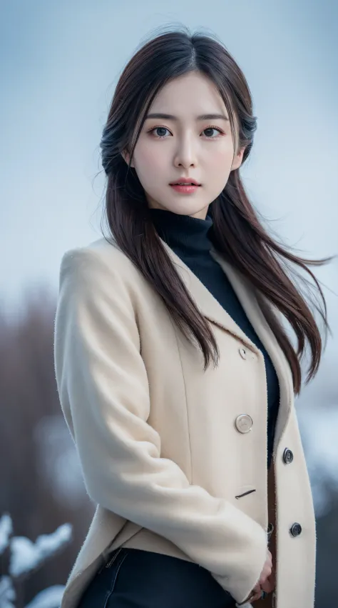 (RAW photo:1.2), (hyper-realistic:1.4), miss liu yi fei, cowboy shot, beautiful detailed female, high resolution, very detailed, best quality, unified 8k wallpaper,  cinematic lighting, Slender perfect figure, padded jacket, black turtle neck, leader pants...