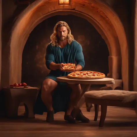 Muy gordo Thor come pizza grande, Detalles altos, ultra foto realsisim, realista, 8k