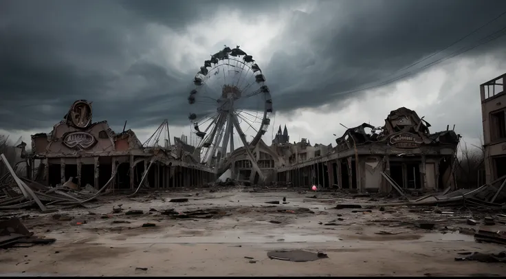 Apocalyptic ruins of the abandoned amusement park Disneyland, house of burning dolls, destroyed attractions, Mickey on the ground, in ruins, apocalyptic atmosphere, a strange silence reigns concretized by dark clouds, uprooted trees, broken glass,  (Cinema...