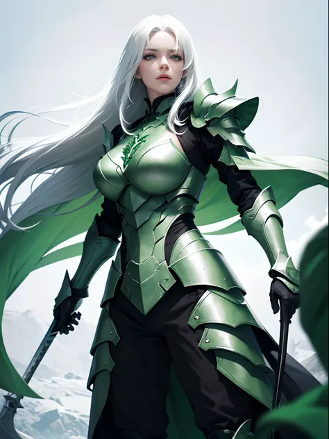 a woman, white hair, long hair, green eyes, wearing armor, green and black armor