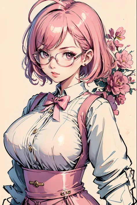 (masterpiece:1.2, best quality), (dinamic lighting) 1lady, solo, short hair, big breasts,  (shiny skin:1.2), upper body, glasses, modern, wavy pink hair,pink Suspenders, flower on ear, harajuku style, hair pin, loli ,ahoge