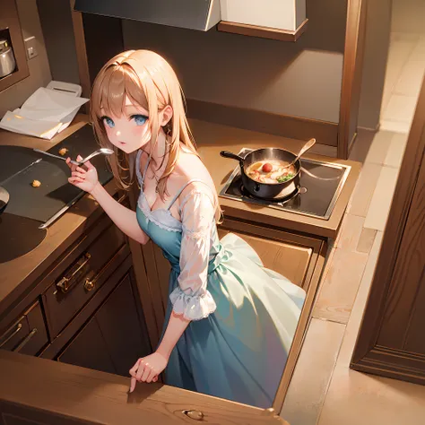 Absurd resolution, high resolution, (masterpiece:1.4), ultra-detailed, 1girl, in beautiful frock , seen from above, kitchen ,cooking food, wide-angle lens distortion