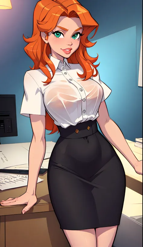 1girl, Best quality, masterpiece, cowboy shot, orange hair, green eyes, tight cloth, office clothes, office, under table, white clothes, wet