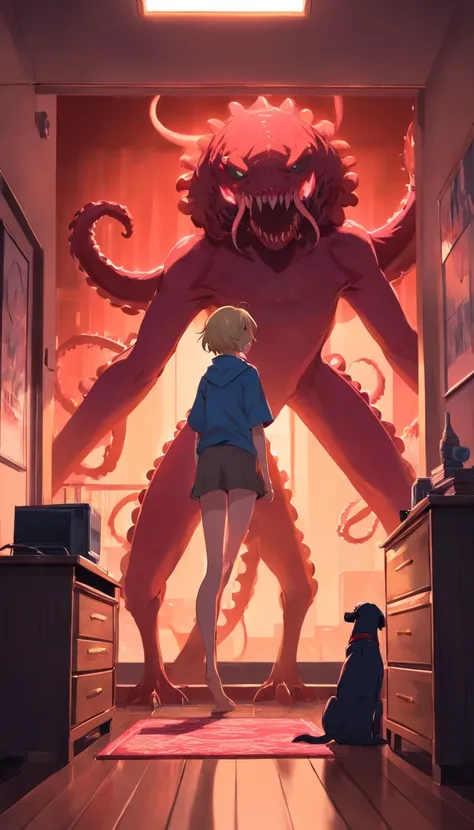 ((beste-Qualit)), ((Master Part)), A large demonic monster with slimy tentacles, sticking out of the back, supported by its long arms, Short legs, Dog paws, big hands, grey skin, deep blue eyes, Thin, pale blonde hair, pointed ears, Handsome humanoid scary...