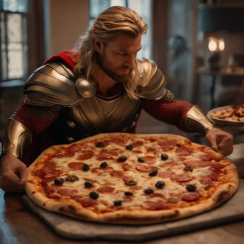 Muy gordo Thor come pizza grande, Detalles altos, ultra foto realsisim, realista, 8k