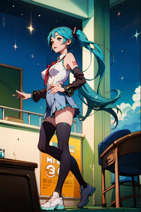 One guy，Big breasts Hatsune Miku，The color hair，‎Classroom，校服，white stockings，the night，The golden ratio of figure，8K，