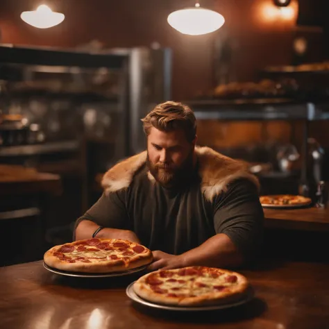 Muy gordo Thor come pizza grande, Detalles altos, ultra foto realsisim, realista, 8k