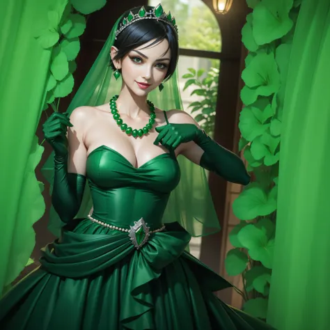 emerald tiara, Green Pearl Necklace, Boyish very short black hair, lipsticks, Japan woman smiling, very short short hair, big breasts beautiful, Green eyes, Long green gloves made of satin material, Green eyes, Emerald Earrings, Green dress