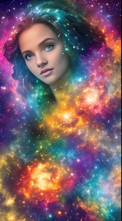 inconceivable and spectacular an emergency scene of a figure of a young woman 25 years, perfeta face, perfeita boca, perfeito olhos,  nuvem brilhante, fios de nebulosas fractais, cosmic entities, celestiais, Cosmic, vibrant and vivid, redemoinhos, girando,...