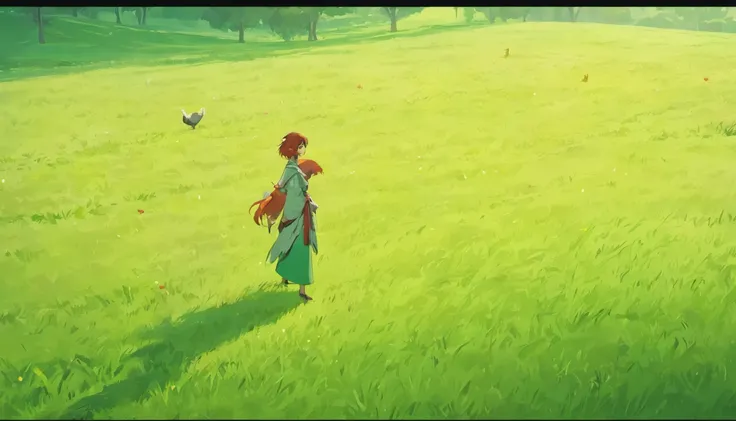 gentle roosters and chickens with red feathers in a green grass farm early morning ::n_ humans, woman, men