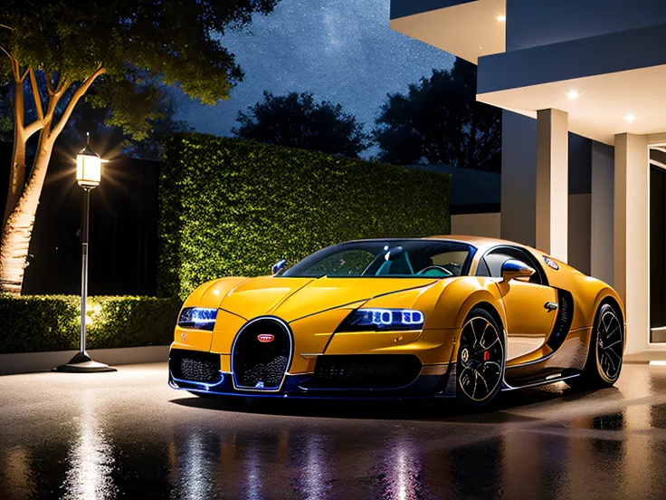 bugatti in a modern mansions driveway at night while its raining