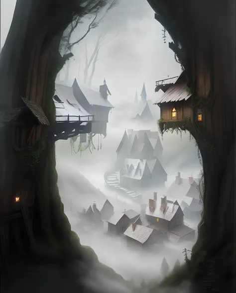 medieval village, forest, fog