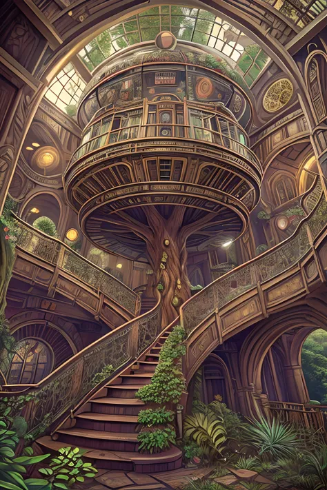 SteampunkAI, Winding Staircase, in a giant tree, at every turn there is a dome for rest, sci-fi, fantasy, surreal photograph, hyperdetailed, high_res