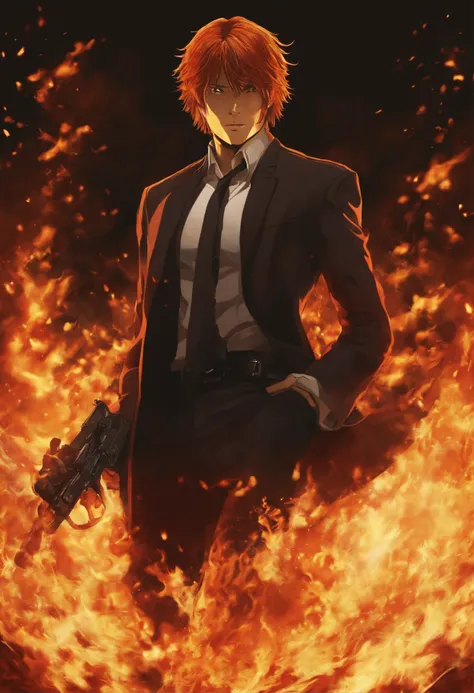 Kyo Kusanagi, surrounded by fire, with drool