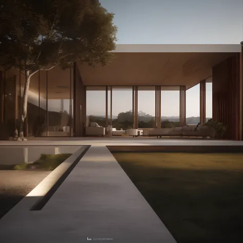 Hay un gran edificio amurallado de cristal con un patio y una piscina, Renderizado en Corona, architectural render, Realistic physical representation, Renderizado realista natural, Renderizado de Lumion, Enscape renderizado, ArchViz, Renderizado en Lumion ...