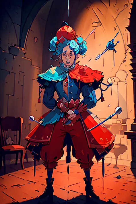 Buffoon with red and blue clothes in the castle juggling knives