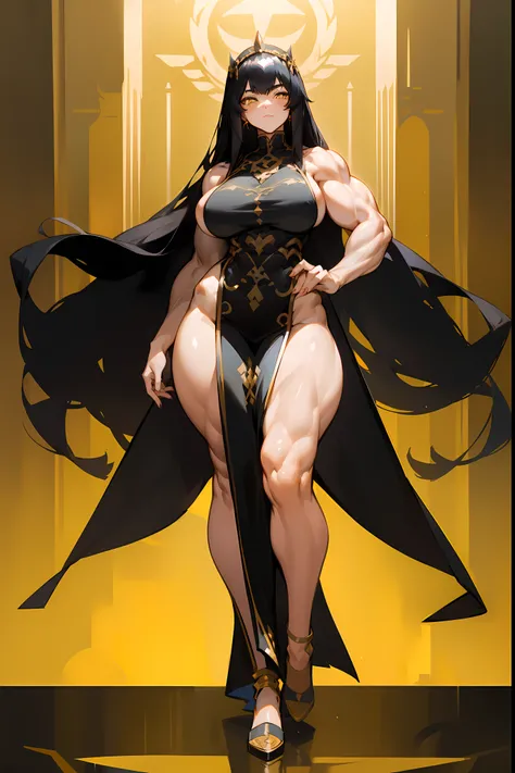 (((1 girl))), black hair, yellow eyes, very long hair, ((((muscular)))), tall, ((long dress)), ((full body)), (solo), palace hall, (wide hips), (thick thighs), (large breasts)