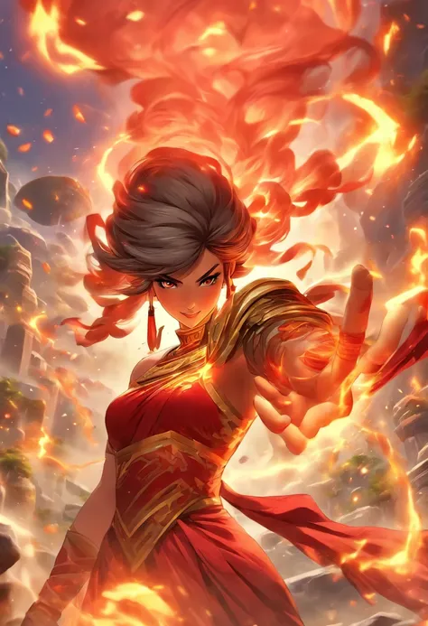 Close-up of a woman in a red dress standing in front of a rock, concept art inspired by Du Qiong, Trend of CGsociety, Fantasy art, full-body xianxia, appears as the fire goddess, zhongli from genshin impact, Keqing from Genshin Impact, maya ali as a lightn...