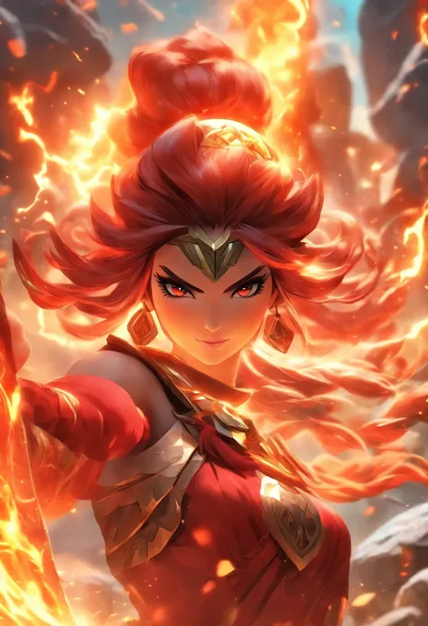 Close-up of a woman in a red dress standing in front of a rock, concept art inspired by Du Qiong, Trend of CGsociety, Fantasy art, full-body xianxia, appears as the fire goddess, zhongli from genshin impact, Keqing from Genshin Impact, maya ali as a lightn...